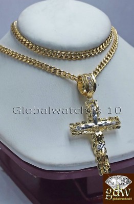 Pre-owned Globalwatches10 10k Yellow Gold Jesus Cross Charm Pendant 26" Miami Cuban Chain Necklace