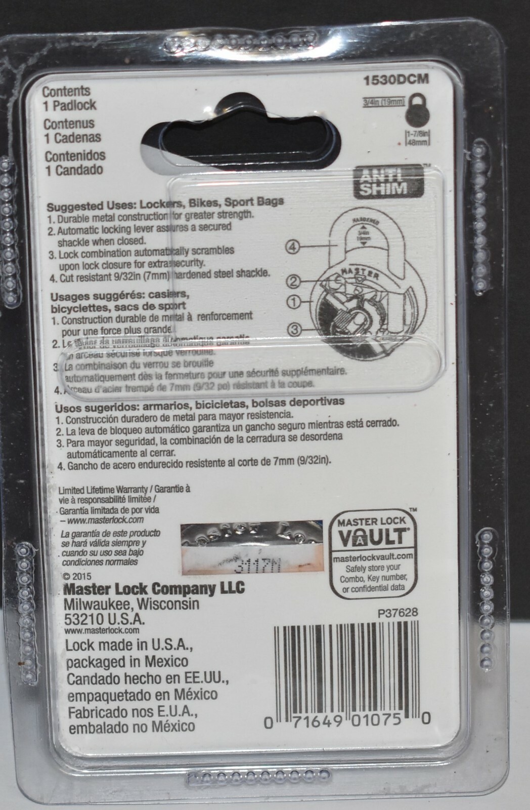 Master Lock Anodized Body Combination - 1530DCM 3/4 inch 19mm Blue NEW
