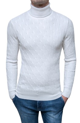 Maglione dolcevita uomo bianco invernale a trecce slim fit in lana S M L XL XXL