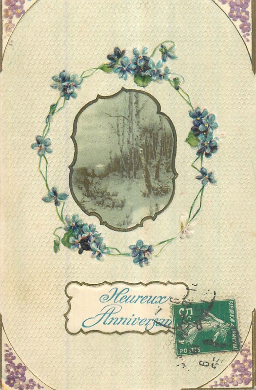 Cp Illustree Relief Anniversaire Medaillon Bois Entoure Fleurs - 23821
