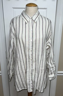 Chicos Monterey Stripe Islander Linen L/Sleeve Button Down Shirt Size 2 (Large)