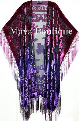 Pre-owned Maya Matazaro Violet Magenta Wearable Art Kimono Caftan Fringe Jacket Burnout Velvet Hand Dyed In Violet Magenta Ombre