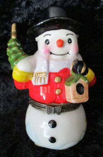 Vintage Ceramic Darice Snowman with Christmas Tree/Bird House Hinged Trinket Box