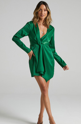 Showpo Size 10 Stop Thinking About It Long Sleeve Short V Neck Green Dress