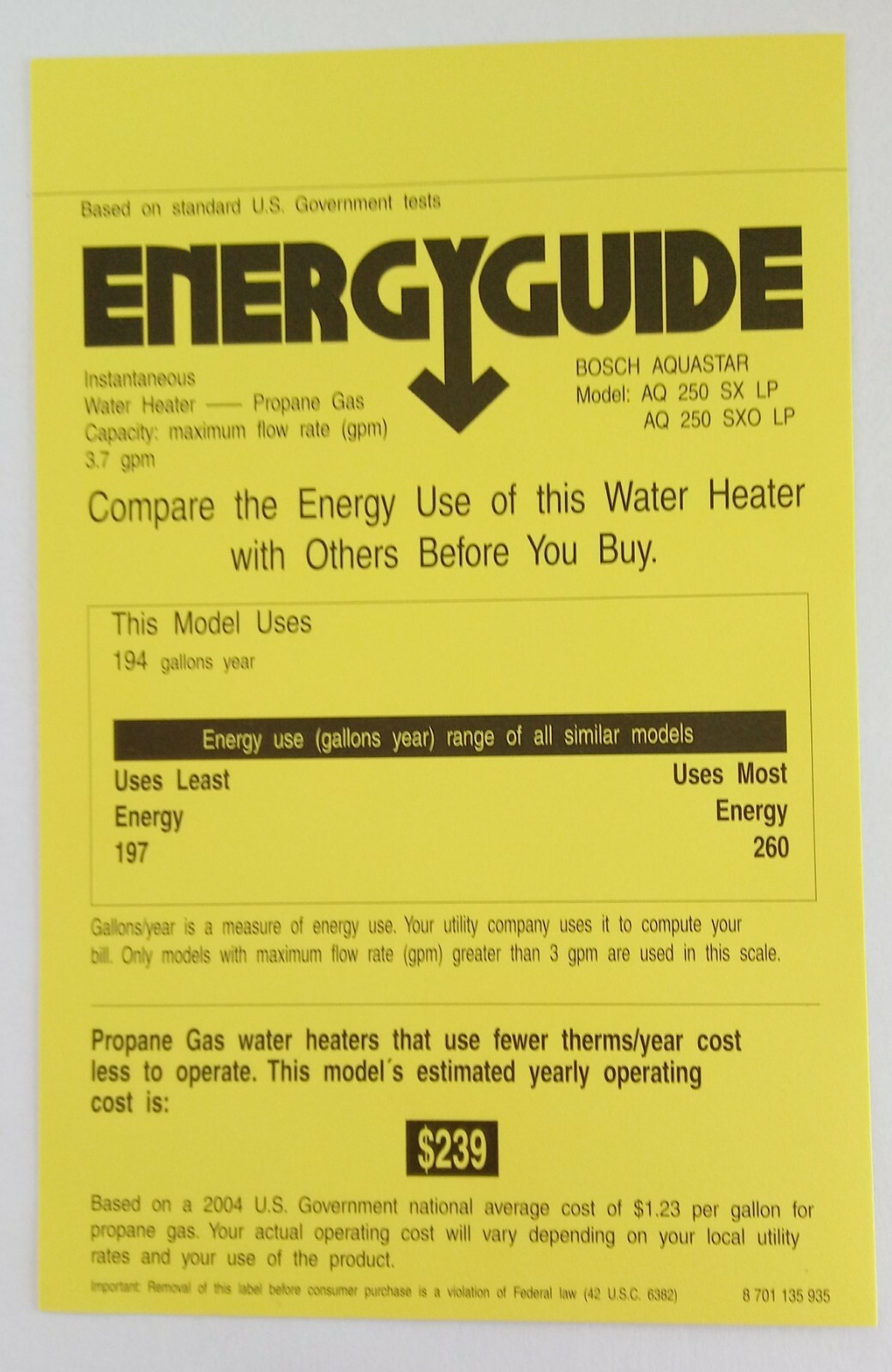 Bosch Aquastar Tankless LP Gas Water Heater 250SXLP New in box