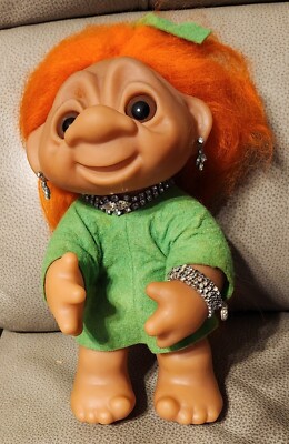 VINTAGE 1977 THOMAS DAM TROLL DOLL #604 Orange Hair Green Dress w/BLING