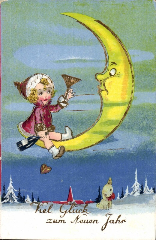 (73459) Neujahr - Lackkarte - MÃ¤Dchen, Mondgesicht