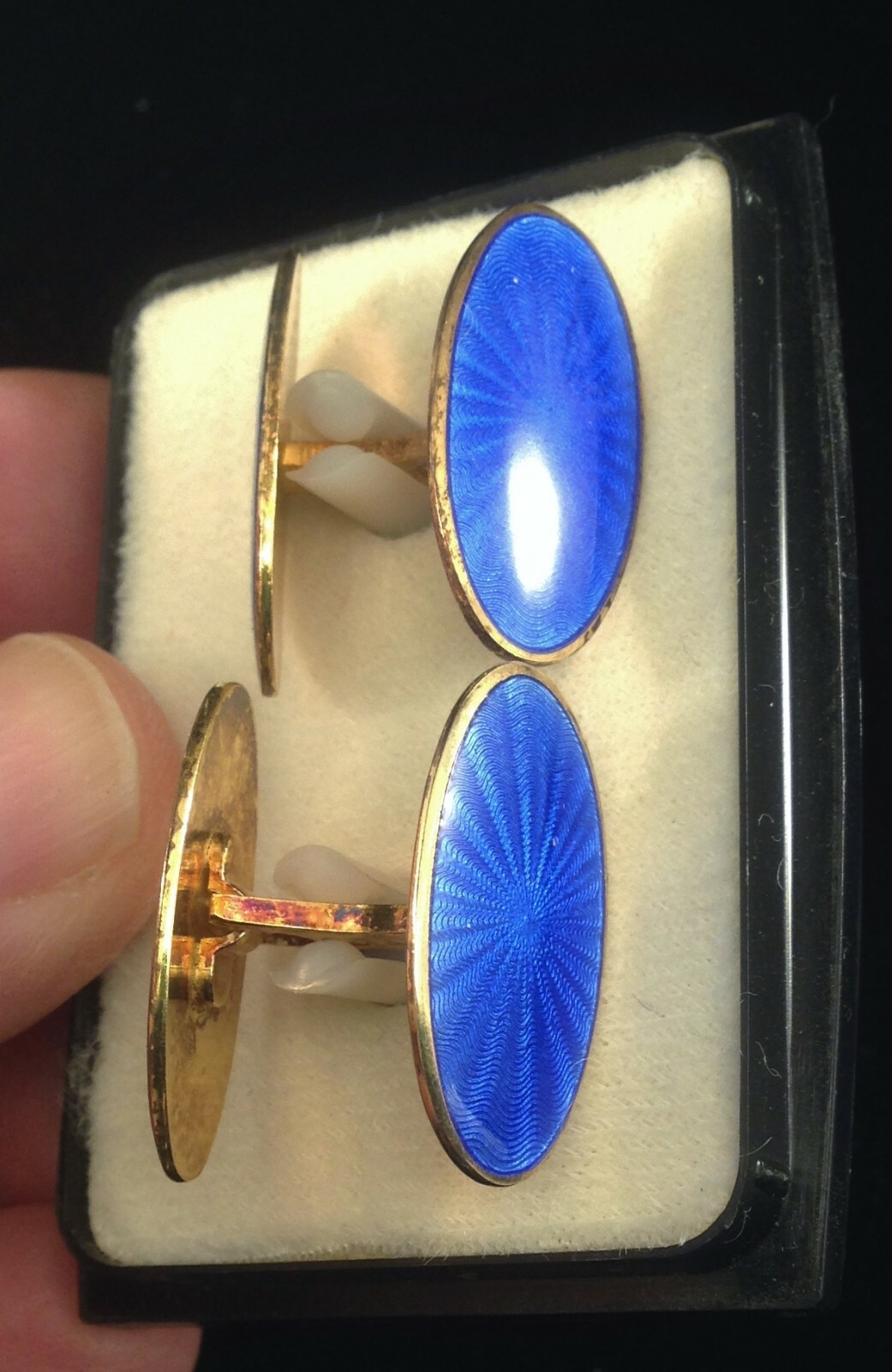 David J Andersen 1960s Cobalt Blue Guilloche Enamel Cufflinks New; Original Case