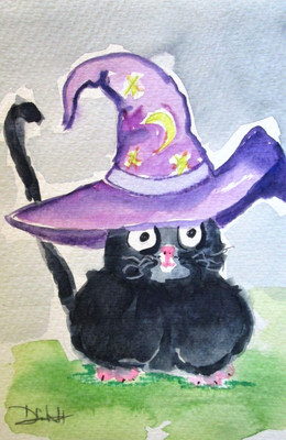 Art Delilah black cat witch whimsical 9x6 original painting