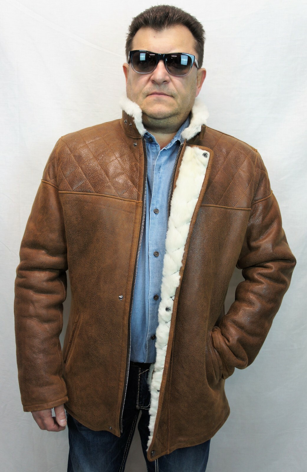 Pre-owned Victoria Real Sheepskin Shearling Leather Men Quilted Car Coat Jacket, Cognac Rust, S-8xl