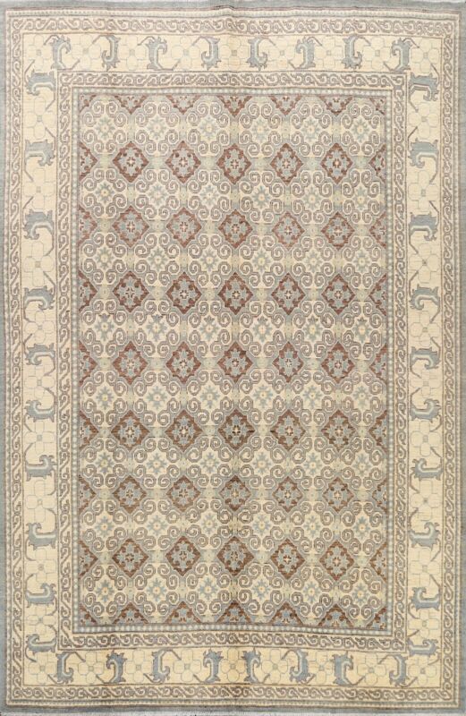 Geometric Khotan Vegetable Dye Oriental Area Rug Hand-knotted Wool Carpet 8