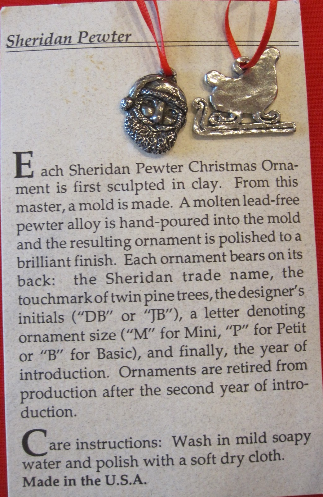 vntg SHERIDAN PEWTER signed; 2 XMAS Tree Ornaments; US 1991; original owner