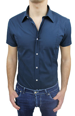 CAMICIA UOMO BLU MANICA CORTA CASUAL NUOVA DA NEGOZIO  taglia S M L XL XXL