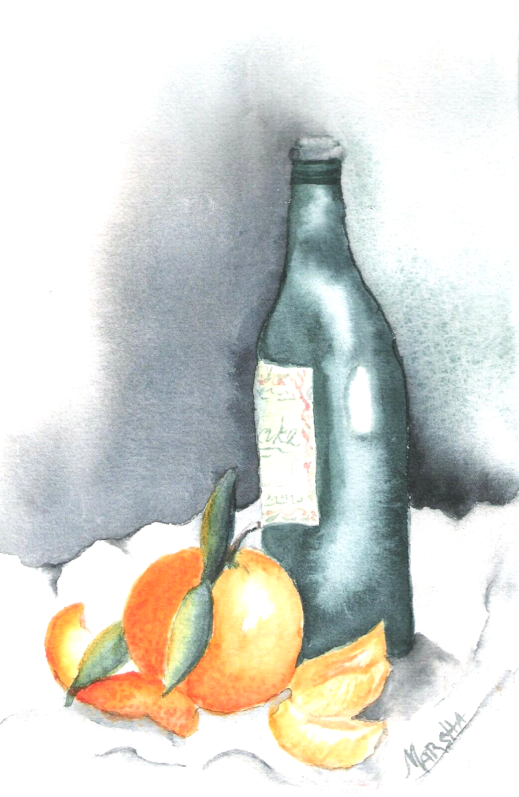 ART WATERCOLOR STILL LIFE WITH  ORANGE GREEN BOTTLE