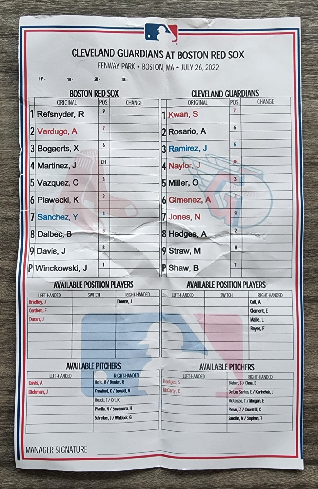 Authentic Game Used Lineup Card from 7/26/22 Boston Red Sox