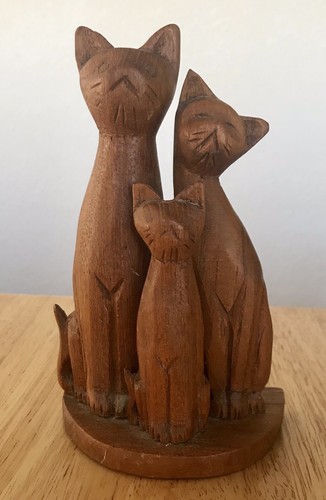 Hand Carved Vintage Wooden Wood Cat Family Mom Dad Baby Three Kitties Brown
