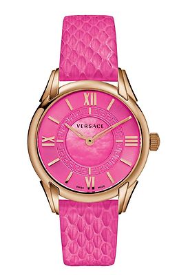 Pre-owned Versace Women's Vff070013 Dafne Rose Gold Ion Plated Fuchsia Leather Wristwatch In Pale Violet Red