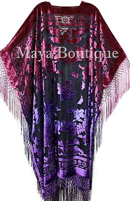 Pre-owned Maya Matazaro Violet Magenta Wearable Art Kimono Caftan Fringe Jacket Burnout Velvet Hand Dyed In Violet Magenta Ombre