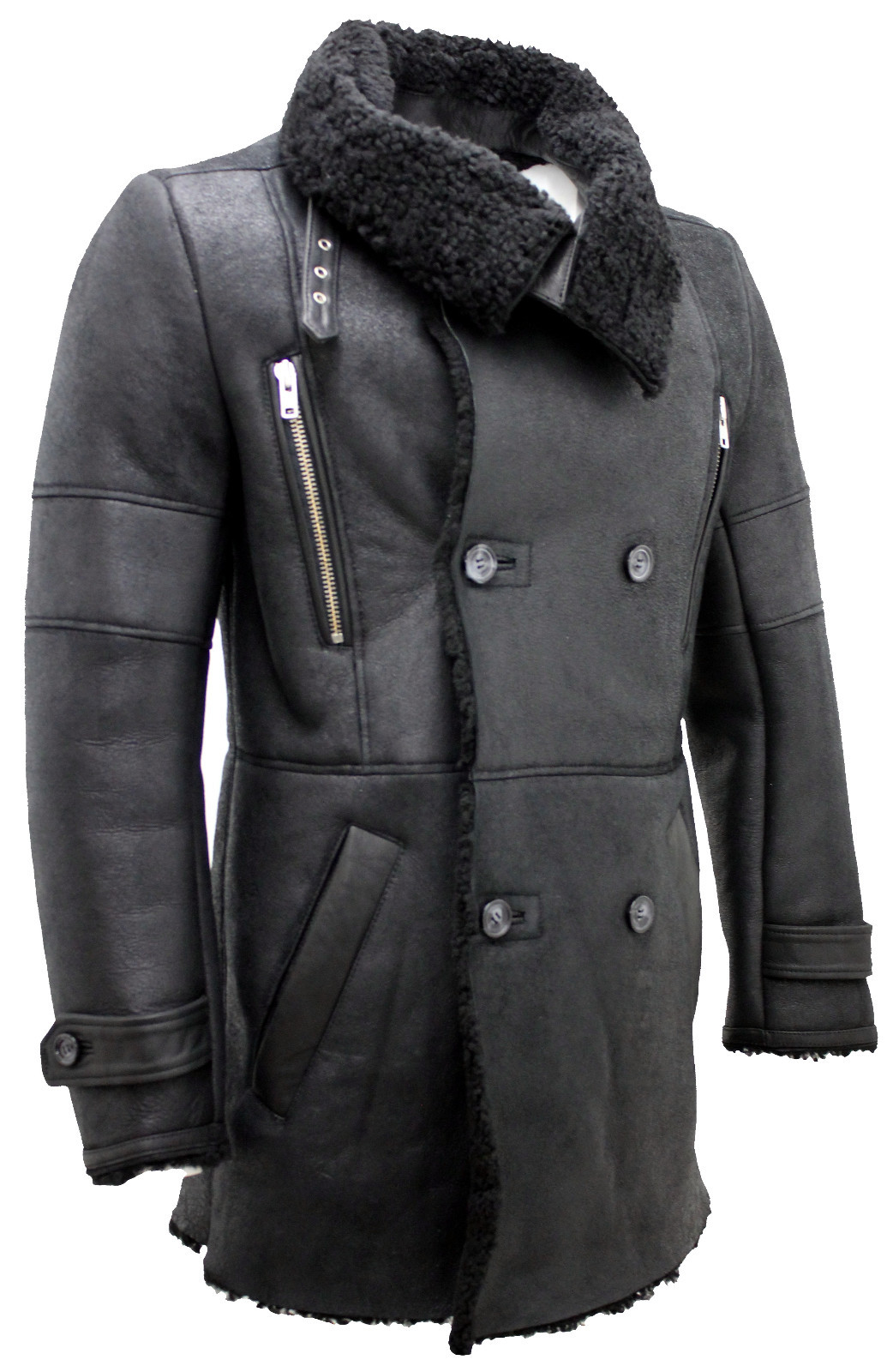 REAL LEATHER HERREN ZWEIREIHIG WARM ECHT SHEPHERD SCHWARZES LEDER SEEMANNSJACKE MANTEL