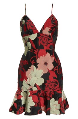   MESTIZA New York Black Floral Jacquard DEIA Ruffle Fluted Mini Dress 10 US