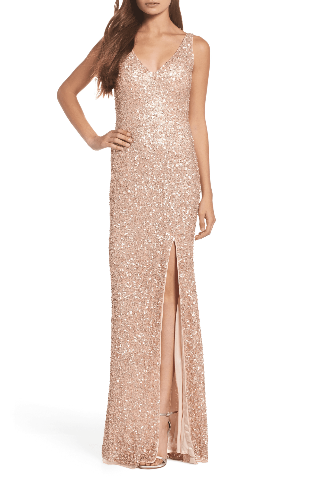 MAC DUGGAL 1068L Розовое золото Розовое платье с пайетками и бисером, украшенное V-образным вырезом и высоким разрезом 8