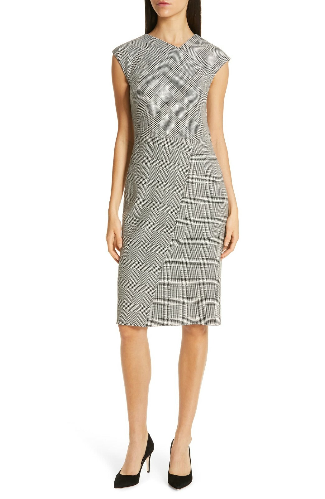 Pre-owned Hugo Boss Black White Houndstooth Glen Check Dechesta Asymmetric Wool Dress 6p