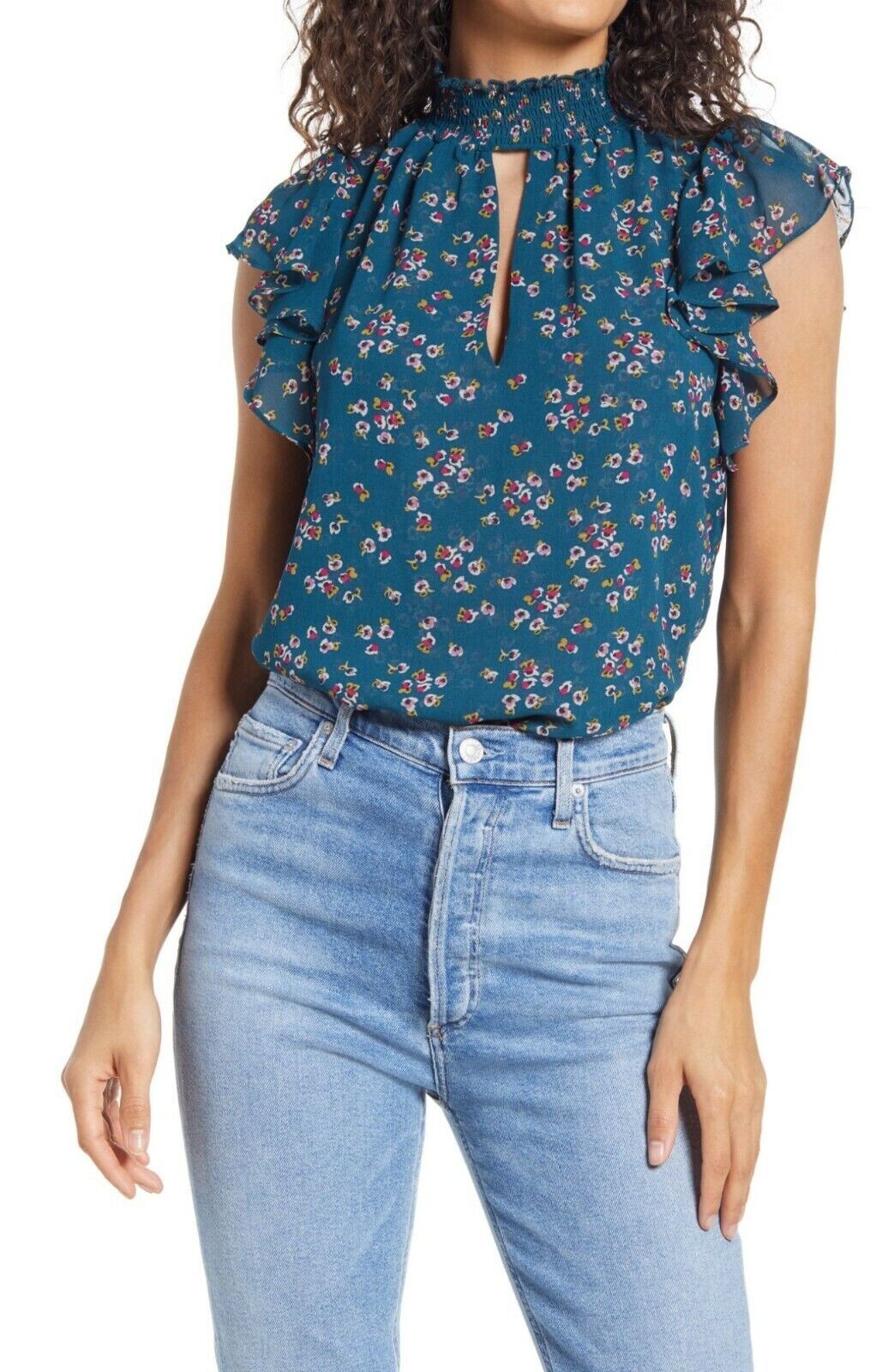 1. STATE Blouse Top 2X Womans Plus Green Teal Floral Flutter