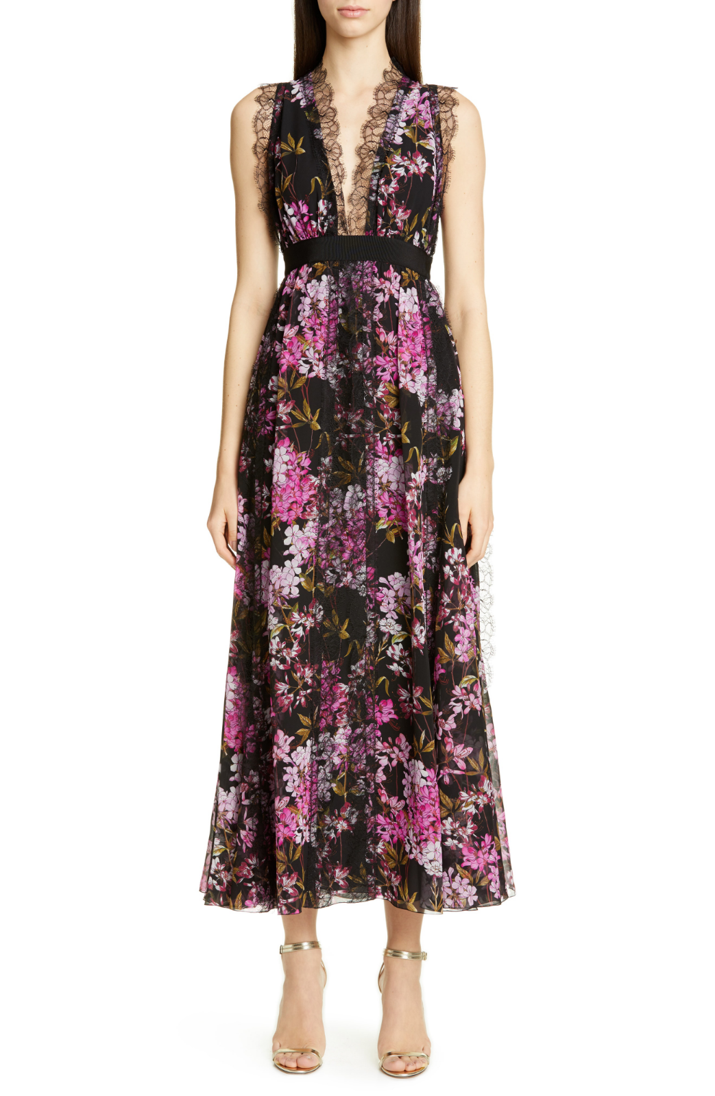 

GIAMBATTISTA VALLI Черно-розовые Fleurs Розовое кружево с цветочным принтом Макси из шелкового шифона 44, Multicolor