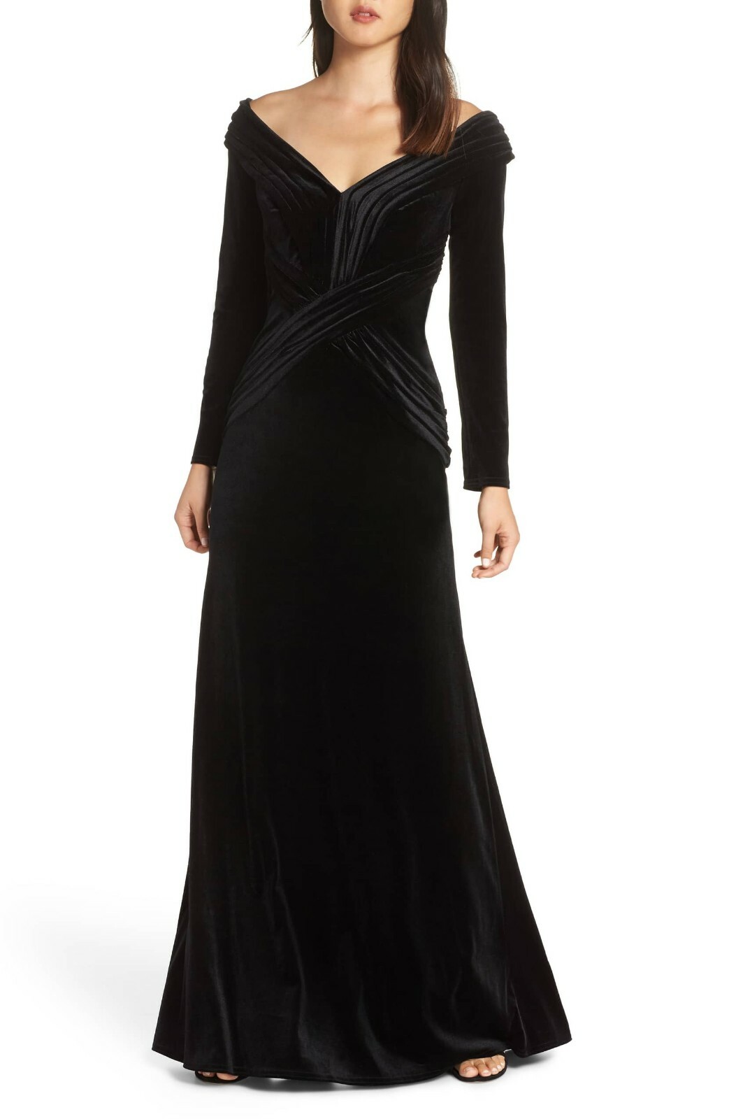 

TADASHI SHOJI Черное бархатное платье с открытыми плечами и портретным воротником с V-образным вырезом  4/6, Черный