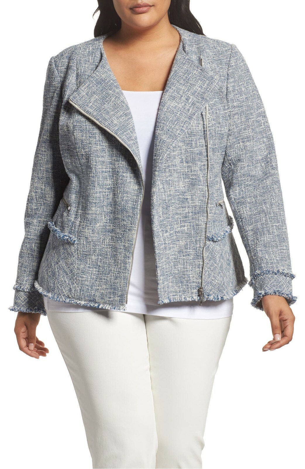 

LAFAYETTE 148 Сине-белый твидовый пиджак с бахромой Mayfair OWEN Асимметричная куртка на молнии  3X, Multicolor