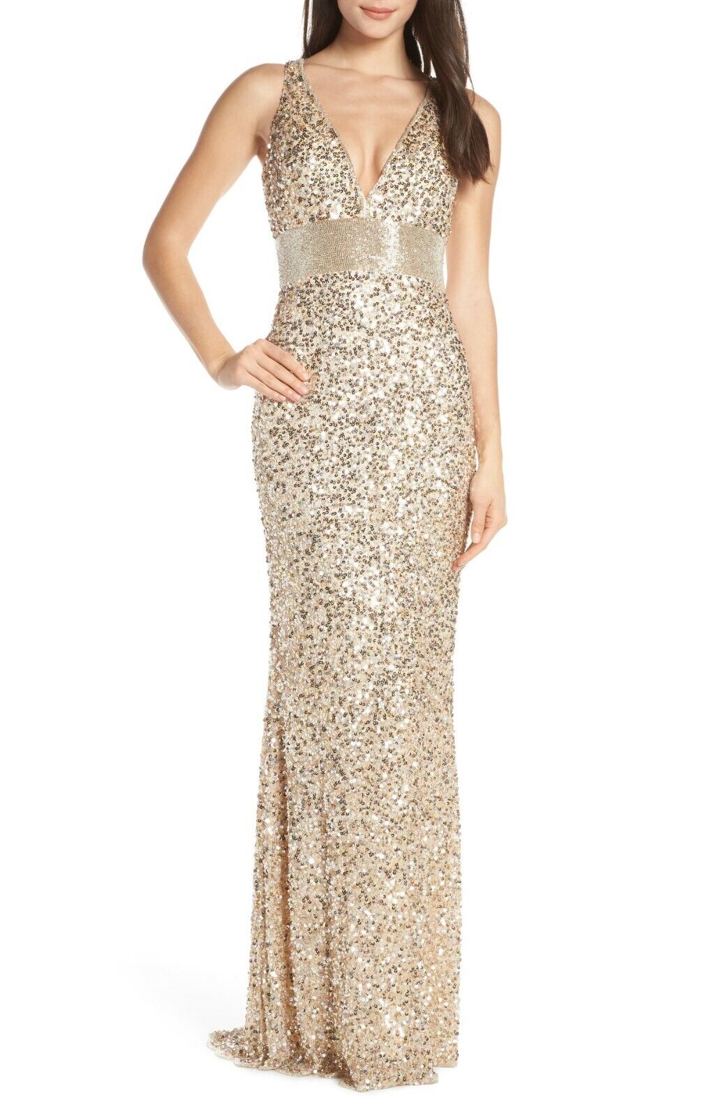 MAC DUGGAL 4930L Платье телесного цвета с золотыми пайетками и бисером на талии, V-образным вырезом и глубоким шлейфом, 10 м