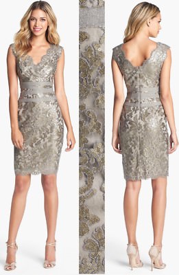 Pre-owned Tadashi Shoji Smoke Pearl Paillette Embroidered Sequin Lace Banded Dress In White