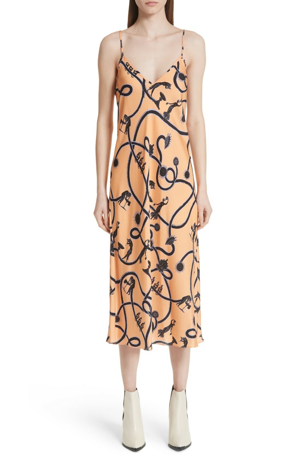 ELLERY Orange Black Print Stretch Satin Silk Midi Slip-Dress 10UK 6US 42IT 38F