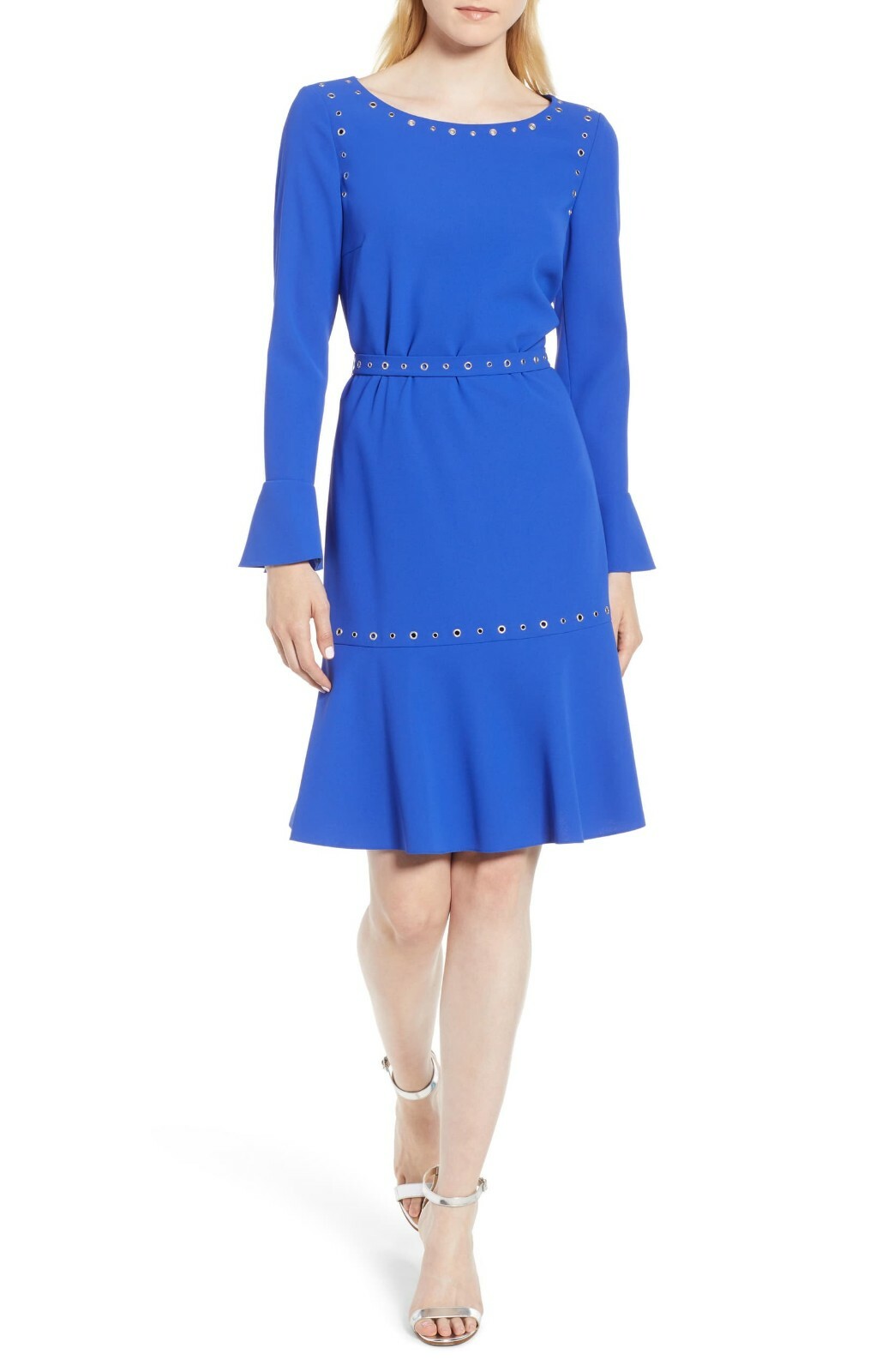 

HUGO BOSS Кобальтово-синее металлизированное платье с люверсами HENRYKE Креповое платье с поясом и заклепками  S, Синий, HENRYKE