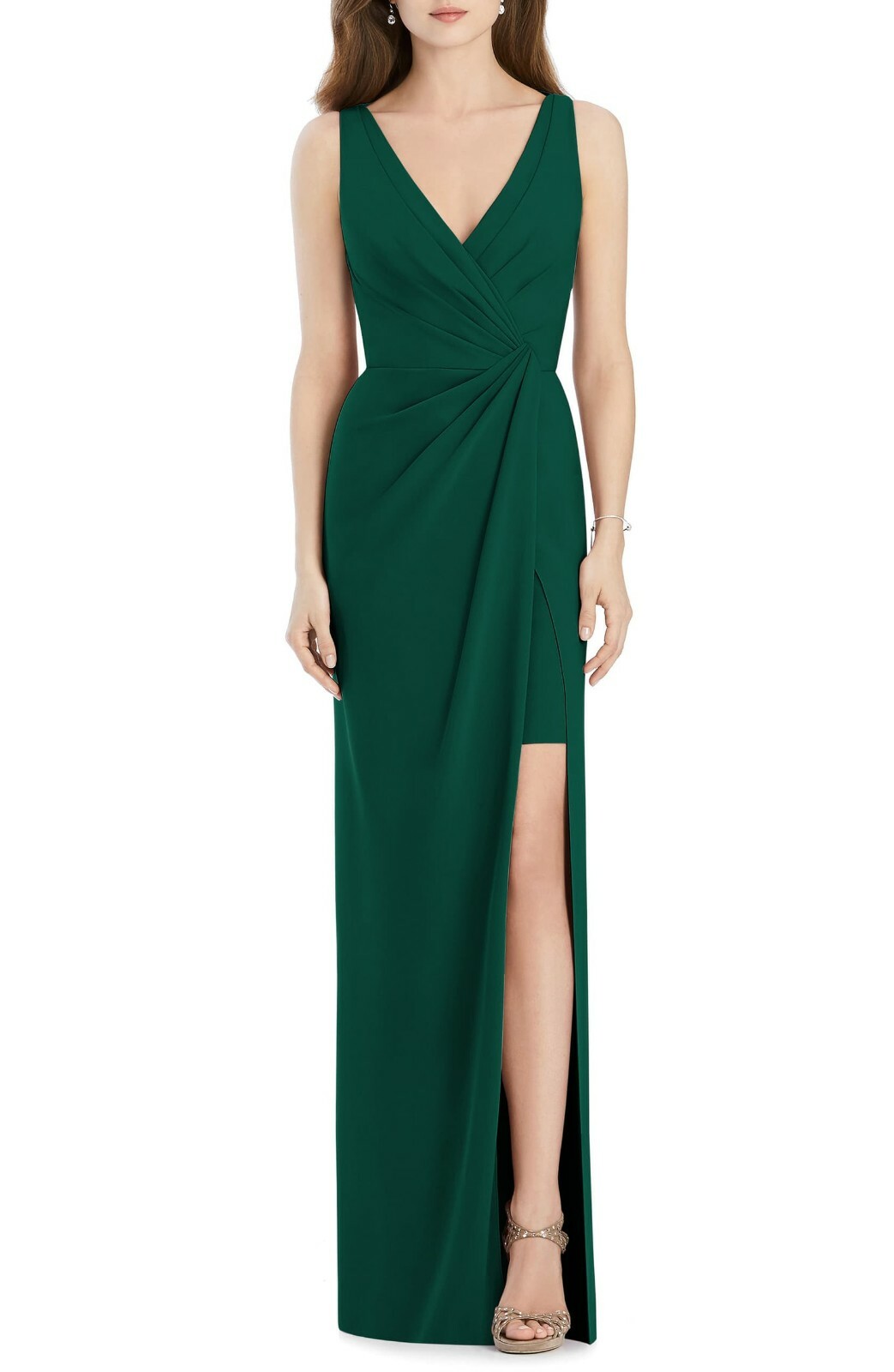 

JENNY PACKHAM JP1013 Hunter Green Плиссированное платье из эластичного крепа с высоким разрезом, Зеленый, JP1013