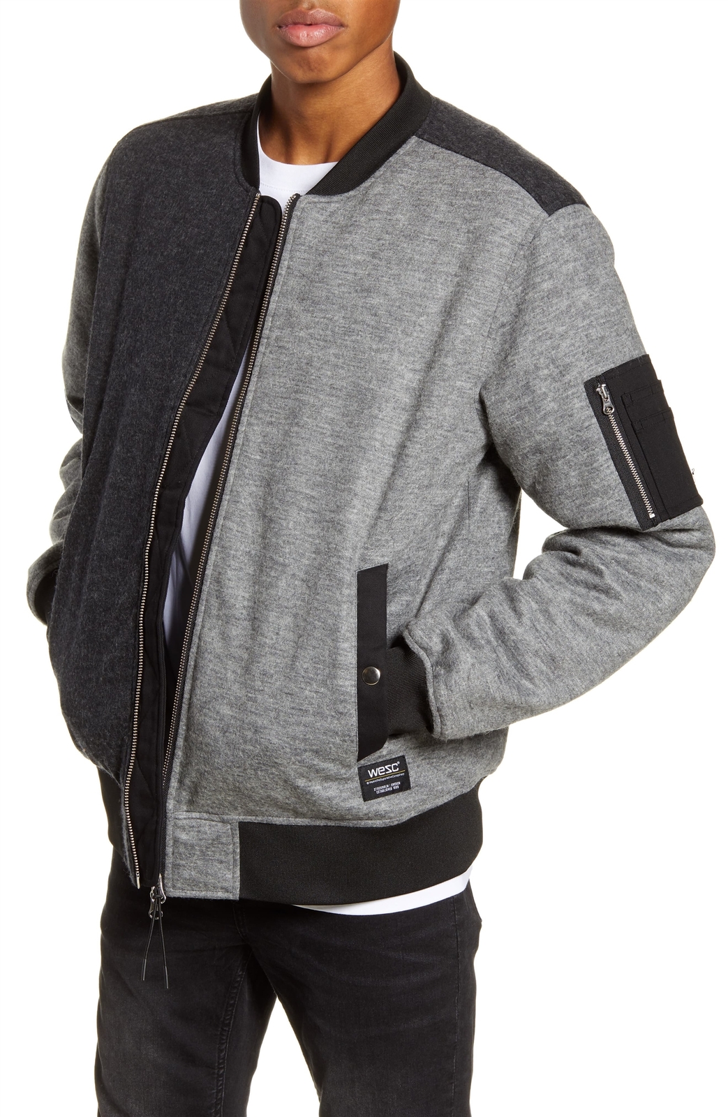 Wesc 257812 Mens Front-zip Color block Bomber Jacket Black Size Medium