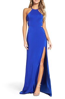 

LA FEMME 24380 Сапфирово-синее сексуальное атласное платье с вырезом и высоким разрезом на бретельках, Синий, 24380