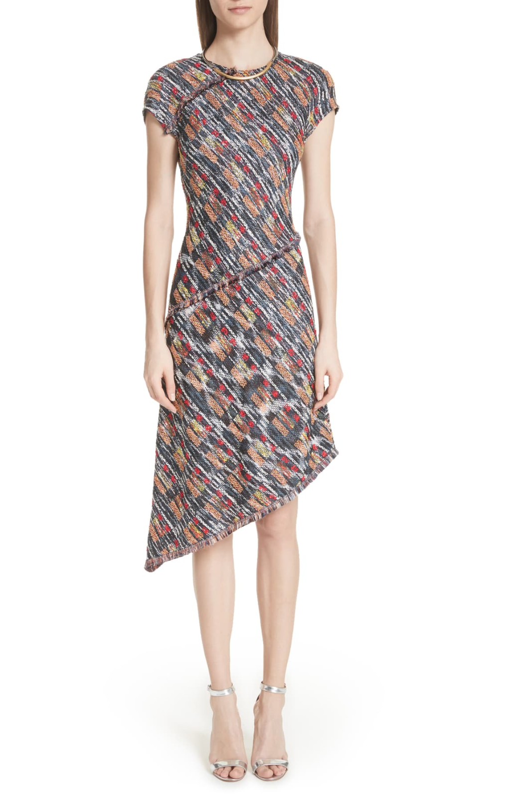 Асимметричное миди-платье ST. JOHN Темно-синего цвета из живописного твида с бахромой для ресниц, 4 S