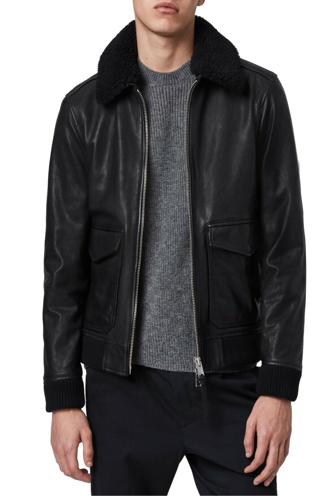 Mens Black Leather Jacket Flight/Bomber with Fur Collar Size