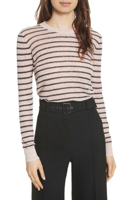 Veronica Beard Dean Stripe Linen Blend Top in Pink/Charcoal Size S $250