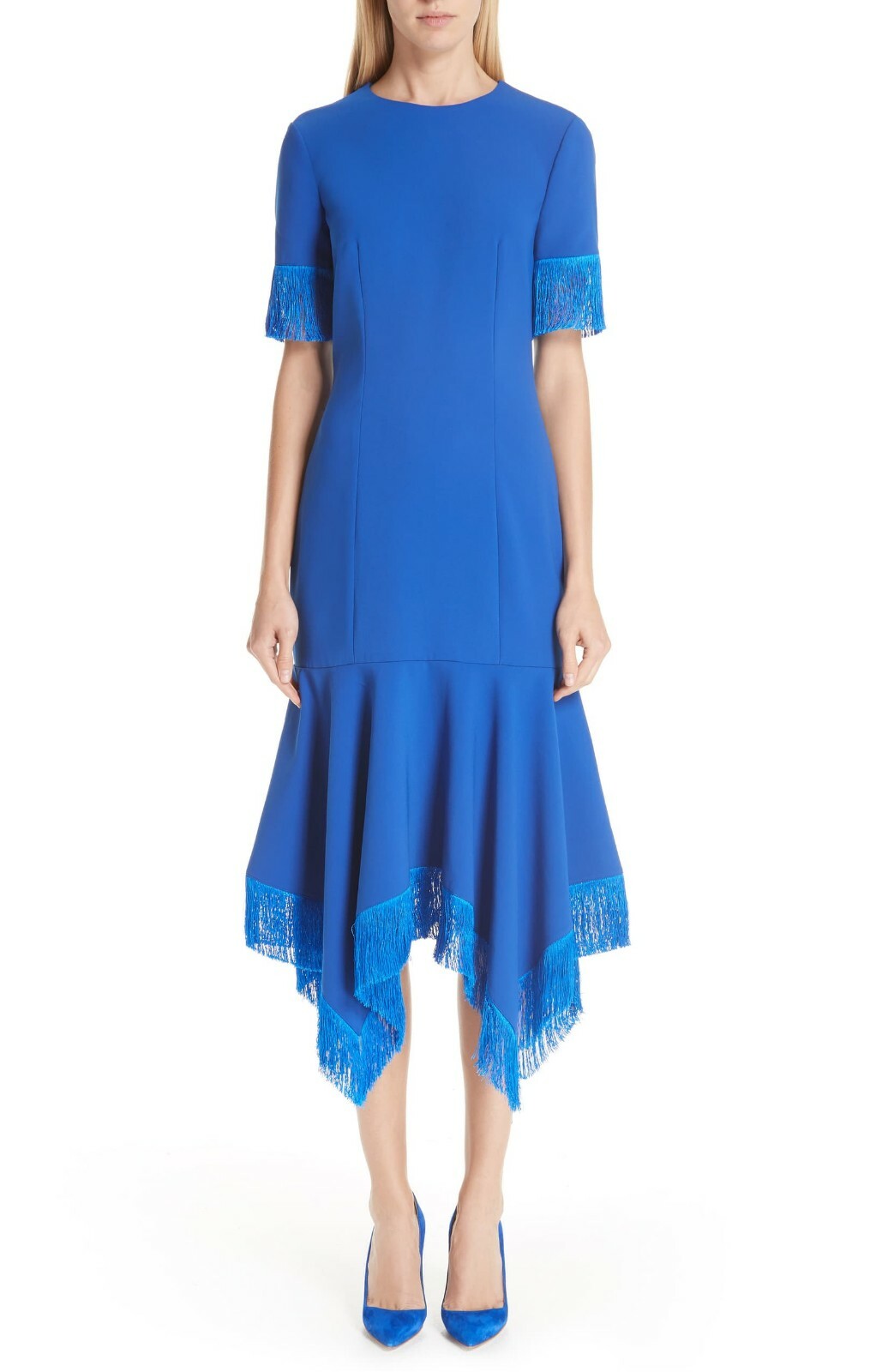 SACHIN & BABI Кобальтовая отделка бахромой VALLER Асимметричное платье миди из эластичного крепа Dres 8 = M