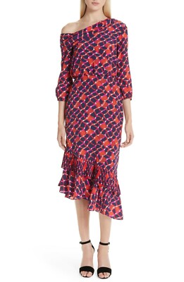 SALONI Red Navy Pink Print LEXIE Asymmetric Off Shoulder Ruffle Silk 10 US 14UK