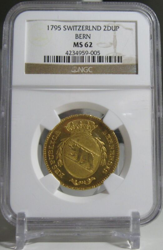 1795 Switzerland Bern 2 Duplone Or 4 Ducat Gold Ngc Ms62 Very Rare And A Beauty!
