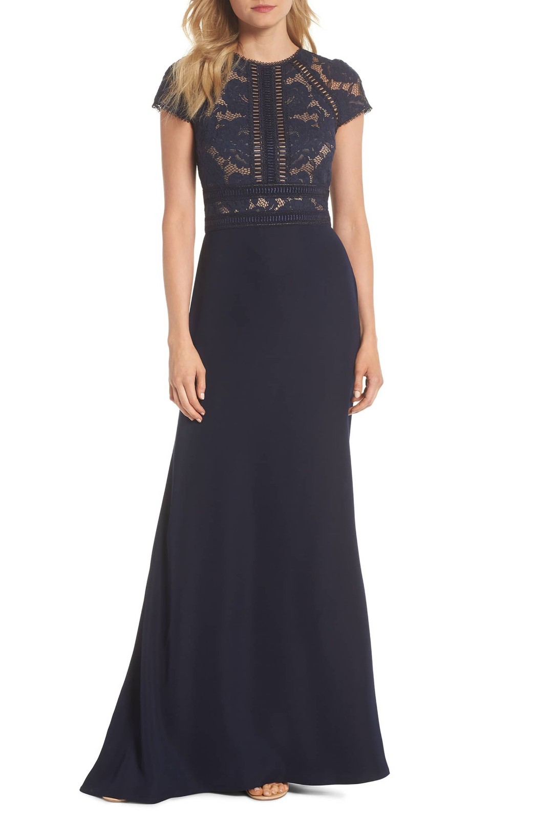 TADASHI SHOJI Navy Blue Nude CATRINE Lace Bodice Crepe Stretch A