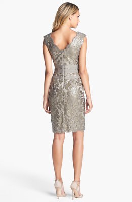 Pre-owned Tadashi Shoji Smoke Pearl Paillette Embroidered Sequin Lace Banded Dress In White