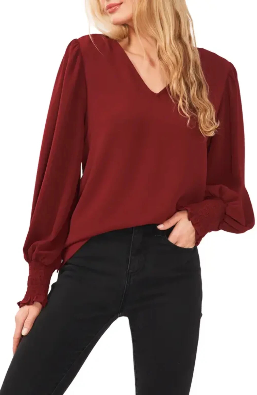CeCe Solid Smocked-Cuff V-Neck Charmeuse Blouse Women's S Claret Red Long Sleeve - Picture 1 of 15