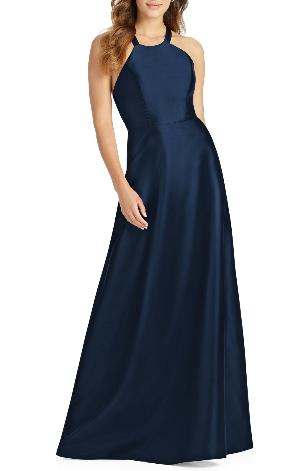 

НОВОЕ Атласное твиловое платье ALFRED SUNG D763 Midnight Navy Blue со шнуровкой и бретелями сзади, Синий, D763