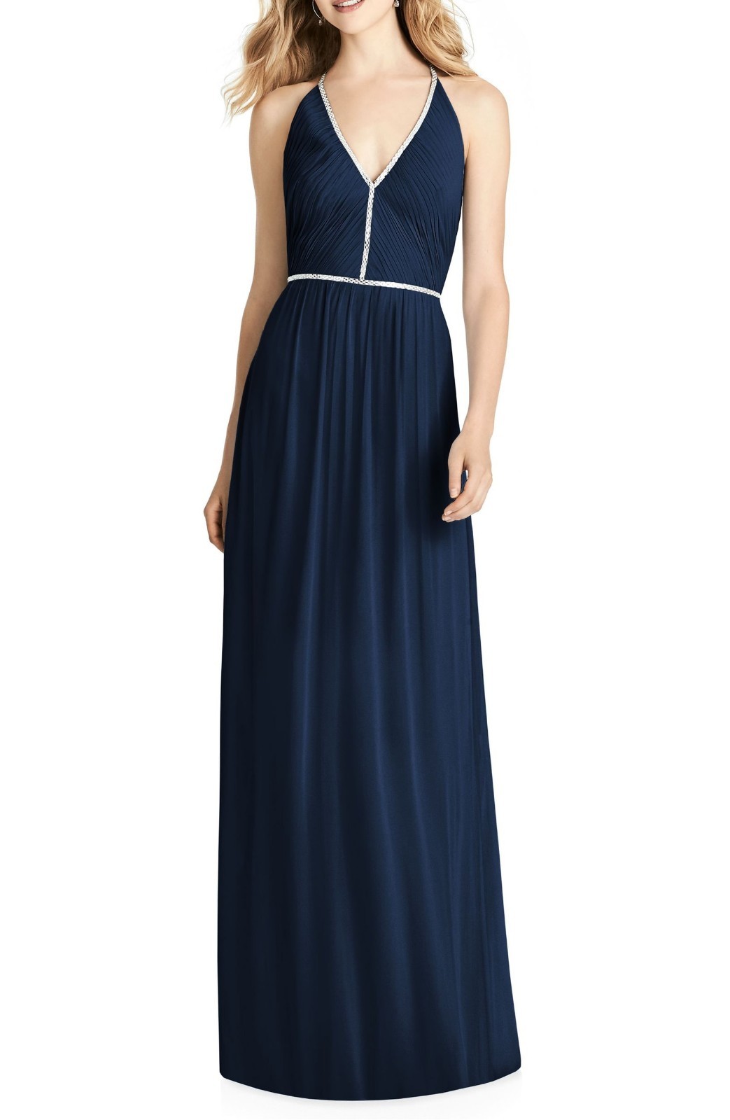 

JENNY PACKHAM JP1009 Полуночное шифоновое платье со стразами и бисером со складками на лифе, Синий