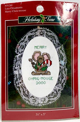 NEW 2000 LA Merry Chris-Mouse 351289 Counted CrossStitch Lace Ornament Kit 14413