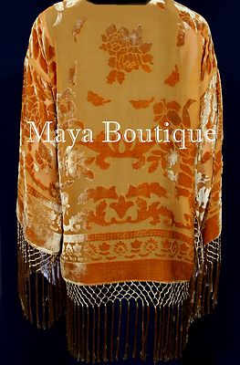 Pre-owned Maya Matazaro Orange Kimono Silk Burnout Velvet Fringe Jacket Short  Made In Usa